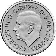 UK 5 Pence (Britannia and ocean wave. Reverse frosted) MJ CHARLES III D G REX F D 5 PENCE 2024 coin obverse UK 5 Pence (Britannia and ocean wave. Reverse frosted) MJ CHARLES III D G REX F D 5 PENCE 2024 coin obverse