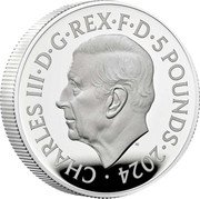UK 5 Pounds (Bond Films. The World Is Not Enough) CHARLES III D G REX F D 5 POUNDS 2024 MJ coin obverse UK 5 Pounds (Bond Films. The World Is Not Enough) CHARLES III D G REX F D 5 POUNDS 2024 MJ coin obverse