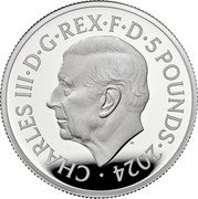 UK 5 Pounds Britannia and ocean wave 2024 Proof MJ CHARLES III D G REX F D 5 POUNDS 2024 coin obverse UK 5 Pounds Britannia and ocean wave 2024 Proof MJ CHARLES III D G REX F D 5 POUNDS 2024 coin obverse