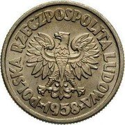 Poland 5 Zlotych Freighter Warynsk. Trial Strike with Proba 1958  Proba KM# Pr50 POLSKA RZECZPOSPOLITA LUDOWA 1958 coin obverse Poland 5 Zlotych Freighter Warynsk. Trial Strike with Proba 1958  Proba KM# Pr50 POLSKA RZECZPOSPOLITA LUDOWA 1958 coin obverse