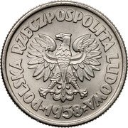 Poland 5 Zlotych (Freighter Warynski with Clouds. Trial Strike) KM# Pr49 POLSKA RZECZPOSPOLITA LUDOWA 1958 coin obverse Poland 5 Zlotych (Freighter Warynski with Clouds. Trial Strike) KM# Pr49 POLSKA RZECZPOSPOLITA LUDOWA 1958 coin obverse