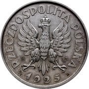 Poland 5 Zlotych (March Constitution. Trial Strike. 100 Beads SW WG on Obverse) RZECZPOSPOLITA POLSKA 1925 SW WG 3/V coin obverse Poland 5 Zlotych (March Constitution. Trial Strike. 100 Beads SW WG on Obverse) RZECZPOSPOLITA POLSKA 1925 SW WG 3/V coin obverse