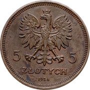 Poland 5 Zlotych (Nike. Trial Strike. Date at Bottom) 5 5 ZŁOTYCH 1928 coin obverse Poland 5 Zlotych (Nike. Trial Strike. Date at Bottom) 5 5 ZŁOTYCH 1928 coin obverse