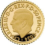 UK 50 Pence (Charles III Britannia and ocean wave) CHARLES III D G REX F D 50 PENCE 2024 coin obverse UK 50 Pence (Charles III Britannia and ocean wave) CHARLES III D G REX F D 50 PENCE 2024 coin obverse