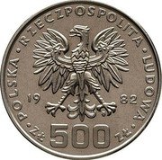 Poland 500 Zlotych Gift of Youth ship. 1982 KM# Pr476 POLSKA RZECZPOSPOLITA LUDOWA 19 82 MW ZŁ 500 ZŁ coin obverse