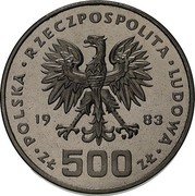 Poland 500 Zlotych Speed skater 1983 KM# Pr495 POLSKA RZECZPOSPOLITA LUDOWA 19 83 MW ZŁ 500 ZŁ coin obverse Poland 500 Zlotych Speed skater 1983 KM# Pr495 POLSKA RZECZPOSPOLITA LUDOWA 19 83 MW ZŁ 500 ZŁ coin obverse