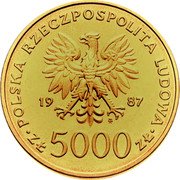 Poland 5000 Zlotych (Papal Visit. Trial Strike) KM# Pr572 POLSKA RZECZPOSPOLITA LUDOWA 19 87 MW ZŁ 5000 ZŁ coin obverse Poland 5000 Zlotych (Papal Visit. Trial Strike) KM# Pr572 POLSKA RZECZPOSPOLITA LUDOWA 19 87 MW ZŁ 5000 ZŁ coin obverse