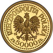 Poland 50000 Zlotych (Pope John Paul II. Trial Strike) KM# Pr583 RZECZPOSPOLITA POLSKA 1991 MW ZŁ 50000 ZŁ coin obverse Poland 50000 Zlotych (Pope John Paul II. Trial Strike) KM# Pr583 RZECZPOSPOLITA POLSKA 1991 MW ZŁ 50000 ZŁ coin obverse