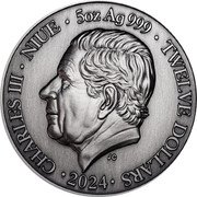 Niue Twelve dollars Charles III. Aries 2024  CHARLES III NIUE 5OZ AG 999 TWELVE DOLLARS JC 2024 coin obverse Niue Twelve dollars Charles III. Aries 2024  CHARLES III NIUE 5OZ AG 999 TWELVE DOLLARS JC 2024 coin obverse