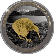 New Zealand Two Dollars Charles III. Great Spotted Kiwi. 2024  Proof - Gilded ROROA GREAT SPOTTED KIWI APTERYX MAXIMA TWO DOLLARS coin reverse New Zealand Two Dollars Charles III. Great Spotted Kiwi. 2024  Proof - Gilded ROROA GREAT SPOTTED KIWI APTERYX MAXIMA TWO DOLLARS coin reverse