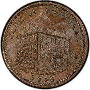 Canada One Penny Token Side View. Bank of Montreal 1839  BANK OF MONTREAL 1839 coin obverse Canada One Penny Token Side View. Bank of Montreal 1839  BANK OF MONTREAL 1839 coin obverse
