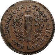France 1 Sol (Siege of Mainz) KM# 601 REPUBLIQUE FRANÇAISE 1793 L'AN 2E. coin obverse