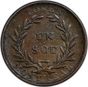 Canada 1 SOU (32 Laurel Leaves. 3 Shamrocks. English Obverse) TOKEN UN SOU MONTREAL coin reverse Canada 1 SOU (32 Laurel Leaves. 3 Shamrocks. English Obverse) TOKEN UN SOU MONTREAL coin reverse
