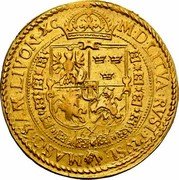Poland 10 Ducat (Sigismund III. Date under Shield) KM# 13a M D LITVA RVSI PRVSI MASC SAM LIVON XC 16 X 12 coin reverse Poland 10 Ducat (Sigismund III. Date under Shield) KM# 13a M D LITVA RVSI PRVSI MASC SAM LIVON XC 16 X 12 coin reverse