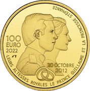 Luxembourg 100 Euro (Wedding of the Grand-Ducal Couple) 100 EURO 2022 20 OCTOBRE 2012 LEURS ALTESSES ROYALES LE PRINCE GUILLAUME ET LA PRINCESSE STÉPHANIE coin reverse