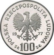Poland 100 Zlotych Henryk Sienkiewicz. Trial Strike 1977 MW Proof KM# Pr296a POLSKA RZECZPOSPOLITA LUDOWA 19 77 MW ZŁ 100 ZŁ coin obverse