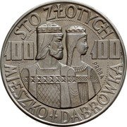 Poland 100 Zlotych Polish Millennium. Trial Strike 1966 MW KM# Pr145 STO ZŁOTYCH 100 100 J GOSŁAWSKI PRÓBA MIESZKO DĄBRÓWKA coin reverse