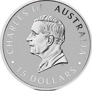 Australia 15 Dollars Kookaburra. Bullion 2024 P125 CHARLES III AUSTRALIA 15 DOLLARS DT coin obverse Australia 15 Dollars Kookaburra. Bullion 2024 P125 CHARLES III AUSTRALIA 15 DOLLARS DT coin obverse