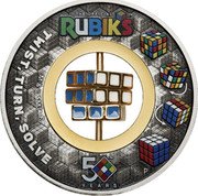 Tuvalu 2 Dollars (Rubik's Cube) THE OFFICIAL RUBIK'S™ TM & © SMTUK TWIST, TURN, SOLVE P 50™ YEARS coin reverse Tuvalu 2 Dollars (Rubik's Cube) THE OFFICIAL RUBIK'S™ TM & © SMTUK TWIST, TURN, SOLVE P 50™ YEARS coin reverse