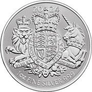 UK 2 Pounds (The Royal Arms. Bullion) TN 20 24 1 OZ FINE SILVER 999 coin reverse