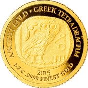 Vanuatu 20 Vatu (Ancient Gold. Greek Tetradrachm) ANCIENT GOLD GREEK TETRADRACHM AOE 2015 1/2 G .9999 FINEST GOLD coin reverse Vanuatu 20 Vatu (Ancient Gold. Greek Tetradrachm) ANCIENT GOLD GREEK TETRADRACHM AOE 2015 1/2 G .9999 FINEST GOLD coin reverse