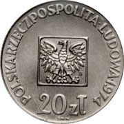 Poland 20 Zlotych (30th Anniversary of People's Republic. Trial Strike) KM# Pr234 POLSKA RZECZPOSPOLITA LUDOWA 1974 MW 20 ZŁ J M-N coin obverse