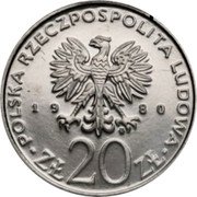 Poland 20 Zlotych XXII Olympic Games. Trial Strike 1980 MW KM# Pr379 POLSKA RZECZPOSPOLITA LUDOWA 19 80 MW ZŁ 20 ZŁ coin obverse