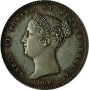 Portugal 200 Reis Maria II Pattern 1836  MARIA II PORTUG ET ALGARGB REGINA 1843 coin obverse Portugal 200 Reis Maria II Pattern 1836  MARIA II PORTUG ET ALGARGB REGINA 1843 coin obverse