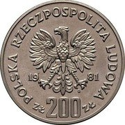 Poland 200 Zlotych Ladislaus I Herman. Trial Strike 1981 MW KM# Pr454 POLSKA RZECZPOSPOLITA LUDOWA 19 81 MW ZŁ 200 ZŁ coin obverse