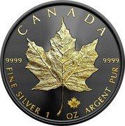 Canada 5 Dollars (Rhodium and Gold plated Maple Leaf) CANADA 9999 9999 FINE SILVER 1 OZ ARGENT PUR 22 coin reverse