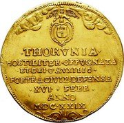 Poland 5 Ducat (Thorn Under Siege) KM# 7.2a THORVNIA HOSTILITER OPPVGNATA ET DEI O AVXILIO FORTR A CIVIB DEFENSA XVI FEBR ANNO M DC XXIX coin obverse