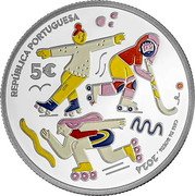 Portugal 5 Euro 100 Years of the Portuguese Skating Federation. Coloured 2024 REPÚBLICA PORTUGUESA 5€ CASA DA MOEDA 2024 coin obverse