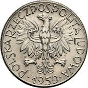 Poland 5 Zlotych Fisherman. Trial Strike 1959  KM# Pr61 POLSKA RZECZPOSPOLITA LUDOWA W J 1959 coin obverse Poland 5 Zlotych Fisherman. Trial Strike 1959  KM# Pr61 POLSKA RZECZPOSPOLITA LUDOWA W J 1959 coin obverse