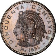 Mexico 50 Centavos Pattern. Cuauhtemoc. Smaller Diameter 1955 Mo CINCUENTA CENTAVOS MO 1955 coin reverse Mexico 50 Centavos Pattern. Cuauhtemoc. Smaller Diameter 1955 Mo CINCUENTA CENTAVOS MO 1955 coin reverse