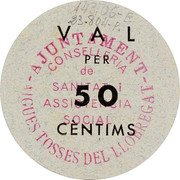 Spain 50 Centimos (Aiguestoses del Llobregat) VAL PER 50 CÈNTIMS AJUNTAMENT - AIGUES TOSSES DEL LLOBREGAT CONSELLERIA DE SANITAT I ASSISTENCIA SOCIAL coin reverse Spain 50 Centimos (Aiguestoses del Llobregat) VAL PER 50 CÈNTIMS AJUNTAMENT - AIGUES TOSSES DEL LLOBREGAT CONSELLERIA DE SANITAT I ASSISTENCIA SOCIAL coin reverse