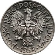 Poland 50 Groszy (Ear and Hammer. Trial Strike) KM# Pr31 POLSKA RZECZPOSPOLITA LUDOWA 1958 coin obverse Poland 50 Groszy (Ear and Hammer. Trial Strike) KM# Pr31 POLSKA RZECZPOSPOLITA LUDOWA 1958 coin obverse