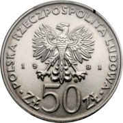 Poland 50 Zlotych General Wladyslaw Sikorski. Trial Strike 1981 MW KM# Pr432 POLSKA RZECZPOSPOLITA LUDOWA 19 81 MW ZŁ 50 ZŁ coin obverse