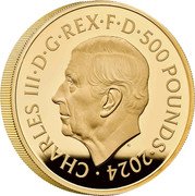 UK 500 Pounds Paris 2024  Proof CHARLES III D G REX F D 500 POUNDS 2024 MJ coin obverse