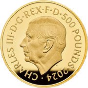 UK 500 Pounds (Tudor Dragon) CHARLES III D G REX F D 500 POUNDS 2024 MJ coin obverse