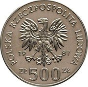 Poland 500 Zlotych Casimir III the Great. Trial Strike 1987 MW KM# Pr559 POLSKA RZECZPOSPOLITA LUDOWA 19 87 MW ZŁ 500 ZŁ coin obverse
