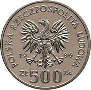 Poland 500 Zlotych Wladyslaw I Lokietek. Trial Strike 1986 MW KM# Pr536 POSLKA RZECZPOSPOLITA LUDOWA 19 86 MW ZŁ 500 ZŁ coin obverse Poland 500 Zlotych Wladyslaw I Lokietek. Trial Strike 1986 MW KM# Pr536 POSLKA RZECZPOSPOLITA LUDOWA 19 86 MW ZŁ 500 ZŁ coin obverse