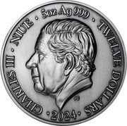 Niue Twelve Dollars Zodiac. Leo 2024 CHARLES III NIUE 5 OZ AG 999 TWELVE DOLLARS JC 2024 coin obverse Niue Twelve Dollars Zodiac. Leo 2024 CHARLES III NIUE 5 OZ AG 999 TWELVE DOLLARS JC 2024 coin obverse