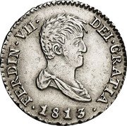 Spain 1/2 Real (Ferdinand VII Madrid Mint. Draped Bust) KM# 473.2a FERDIN VII DEI GRATIA 1813 coin obverse Spain 1/2 Real (Ferdinand VII Madrid Mint. Draped Bust) KM# 473.2a FERDIN VII DEI GRATIA 1813 coin obverse