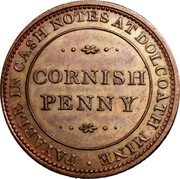 UK 1 Penny (Cornwall. Cambourne. Dolcoath Mine) PAYABLE IN CASH NOTES AT DOLCOATH MINE CORNISH PENNY coin obverse UK 1 Penny (Cornwall. Cambourne. Dolcoath Mine) PAYABLE IN CASH NOTES AT DOLCOATH MINE CORNISH PENNY coin obverse
