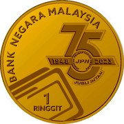 Malaysia 1 Ringgit (75th Anniversary of the Department of State Registration) 75 JPN JABATAN PENDAFTARAN NEGARA 1948 2023 JUBLI INTAN BANK NEGARA MALAYSIA 1 RINGGIT coin obverse