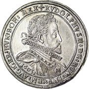Austria 1 Thaler Rudolf II Hall. Larger Bust 1603  RVDOLPHVS II DG:ROM:IMP:SEM:AVG:GER:HVN:BOH:REX 1603 coin obverse Austria 1 Thaler Rudolf II Hall. Larger Bust 1603  RVDOLPHVS II DG:ROM:IMP:SEM:AVG:GER:HVN:BOH:REX 1603 coin obverse