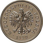 Poland 1 Zloty Circulation Coin. Trial Strike 1990 MW RZECZPOSPOLITA POLSKA MW 1990 coin obverse Poland 1 Zloty Circulation Coin. Trial Strike 1990 MW RZECZPOSPOLITA POLSKA MW 1990 coin obverse