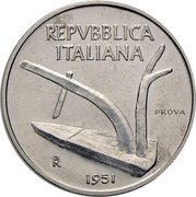 Italy 10 Lire (Plough. Pattern) KM# Pr80 REPVBBLICA ITALIANA PROVA R 1951 coin obverse Italy 10 Lire (Plough. Pattern) KM# Pr80 REPVBBLICA ITALIANA PROVA R 1951 coin obverse