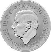 UK 10 Pounds (The British Lion and The American Eagle. Privy Bell. Frosted) CHARLES III D G REX F D 10 POUNDS 2024 MJ coin obverse UK 10 Pounds (The British Lion and The American Eagle. Privy Bell. Frosted) CHARLES III D G REX F D 10 POUNDS 2024 MJ coin obverse