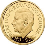 UK 100 Pounds (Lunar Year of the Snake 蛇) CHARLES III D G REX F D 100 POUNDS 2025 MJ coin obverse UK 100 Pounds (Lunar Year of the Snake 蛇) CHARLES III D G REX F D 100 POUNDS 2025 MJ coin obverse